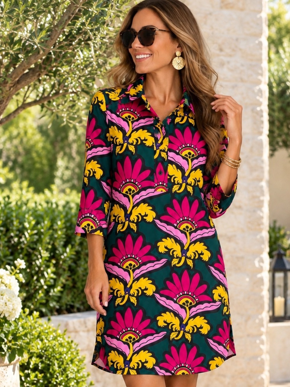 Jude Connally Floral Tunic Dress Small Bold Mod Retro 3/4 Sleeve Made USA